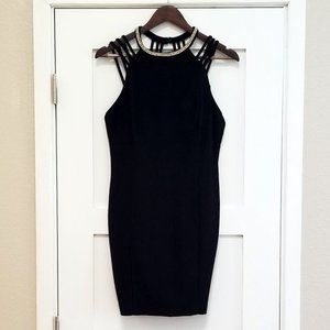 Strappy Black Mini Dress w/Rhinestone Collar L